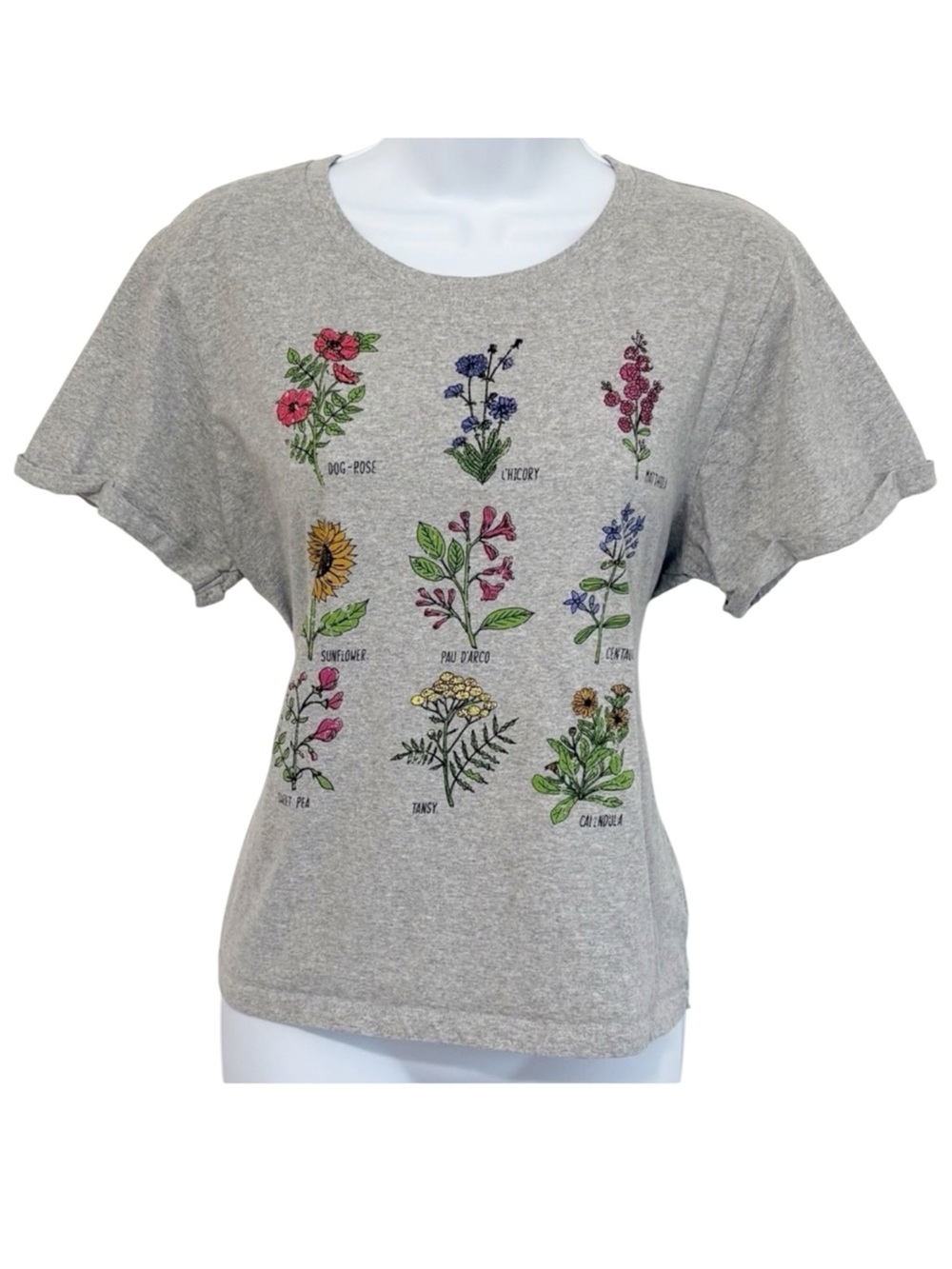 RECYCLED THREADS Wildflower Embroidered Tee Cottagecore Botanical Gray XL